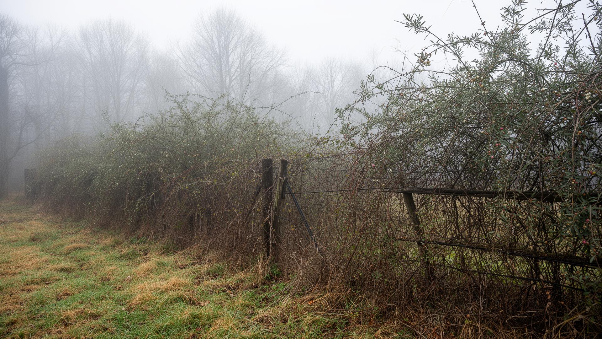 Fence line overgrown with invasives in foggy morning