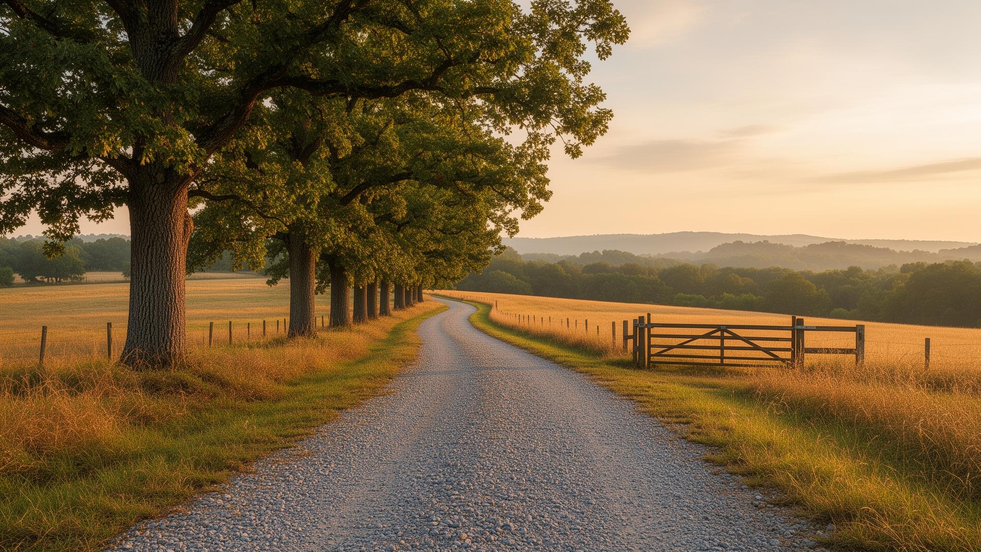 Gravel access road lined with mature oaks at golden hour
