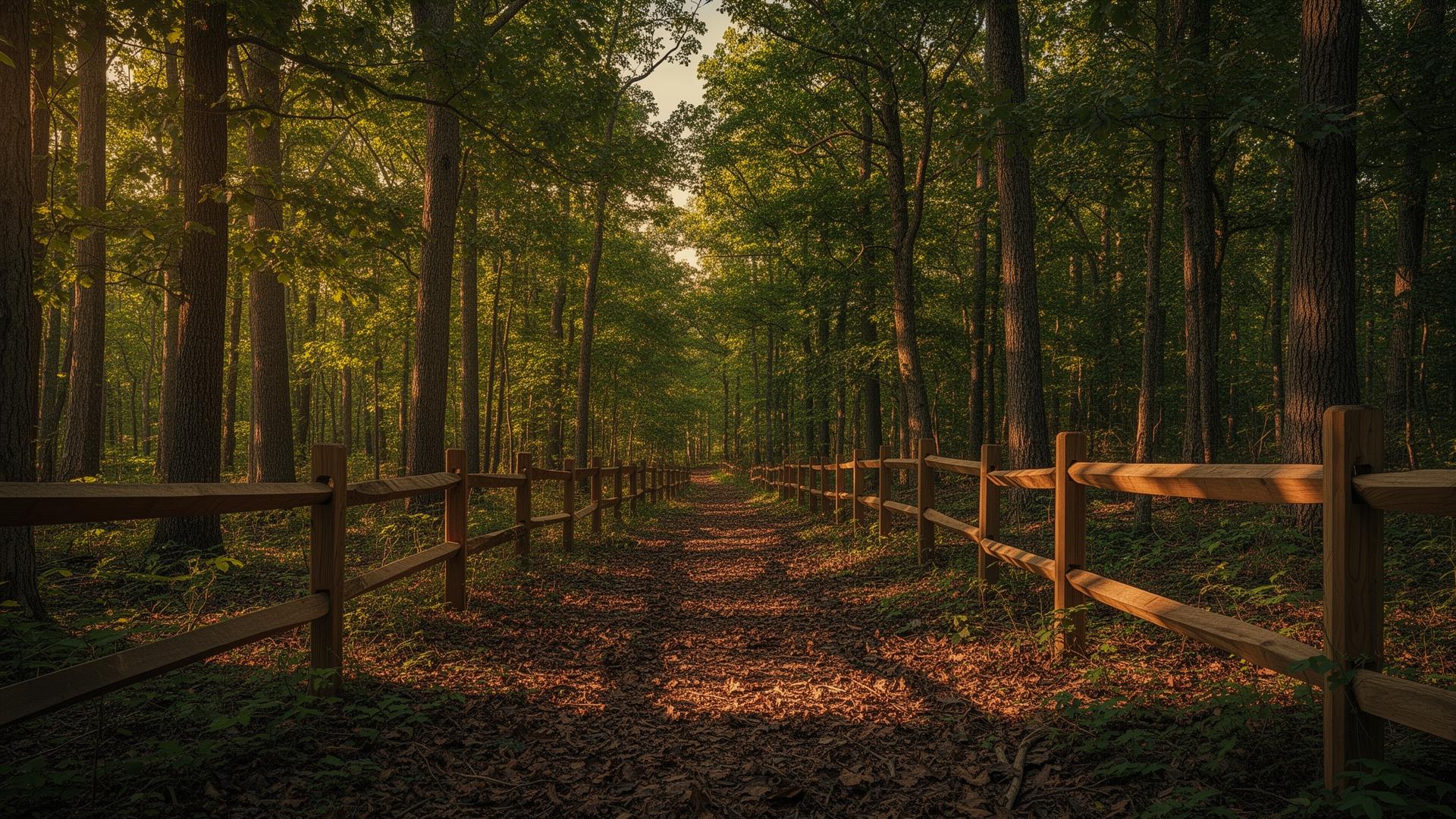 Cleared fence corridor through hardwood woodland edge at evening light