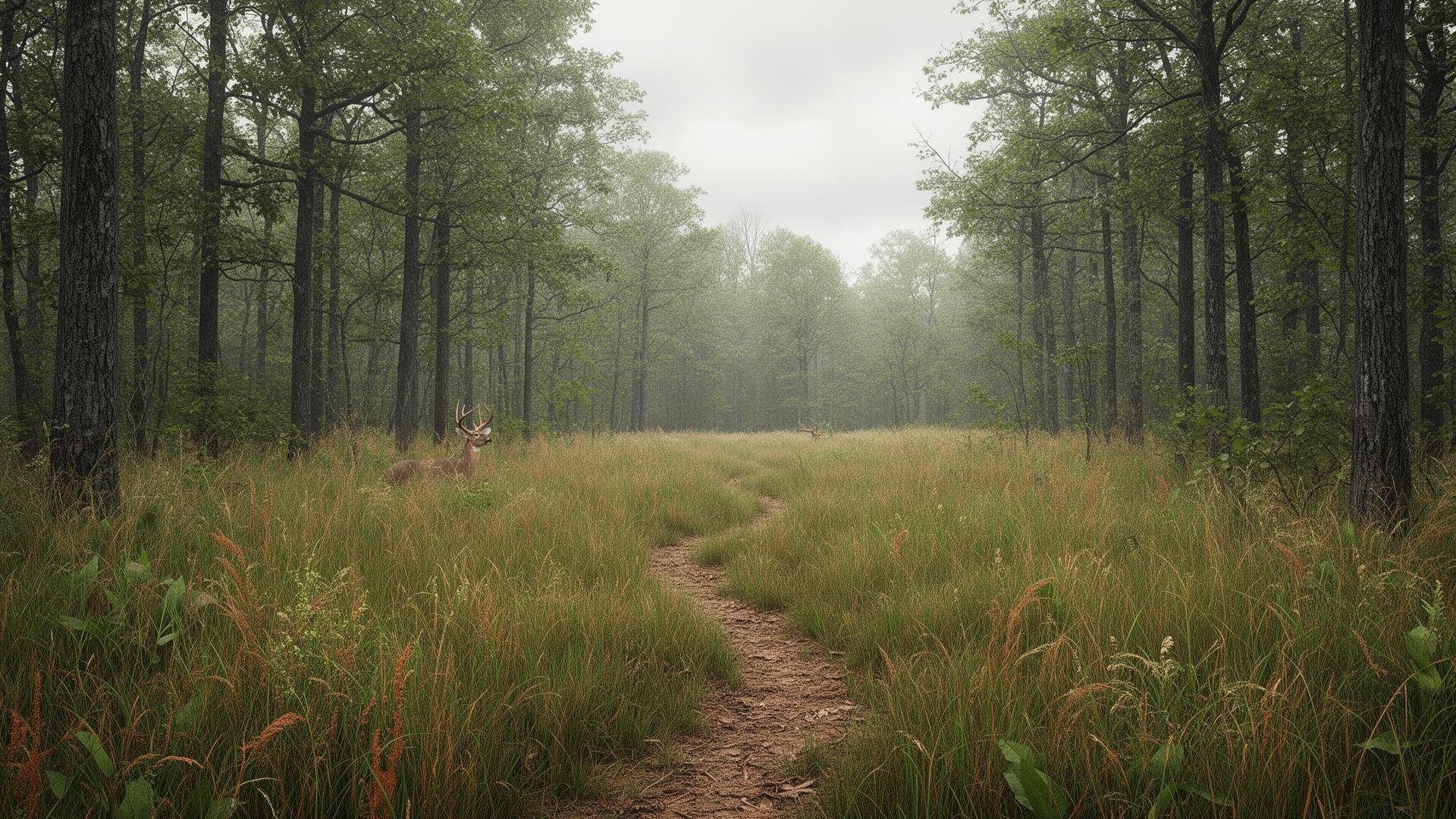 Woodland edge habitat with native warm-season grasses and a whitetail deer trail