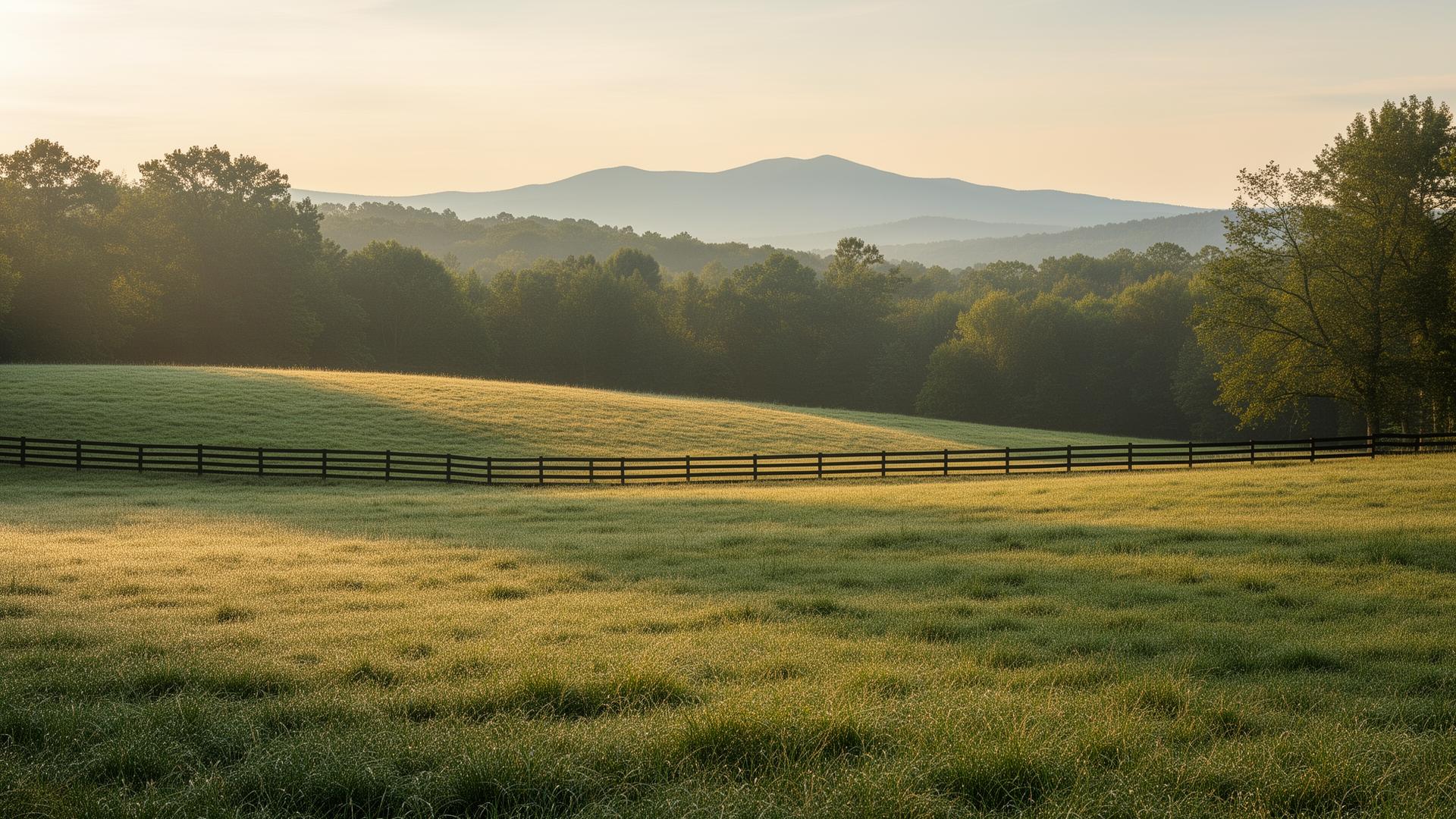 Managed pasture at dawn with four-board fence line and Blue Ridge in the distance