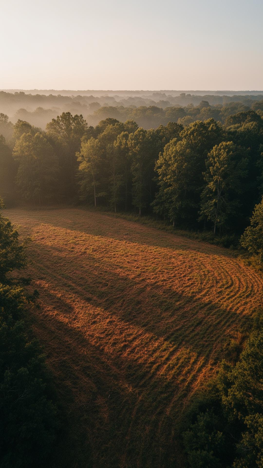 Restored Virginia woodland and meadow at golden hour